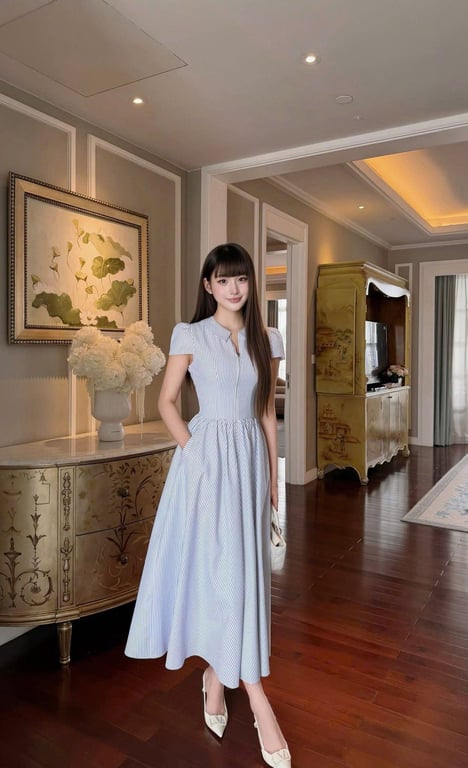Váy sơ mi kẻ sọc có khoá kéo Chouchou