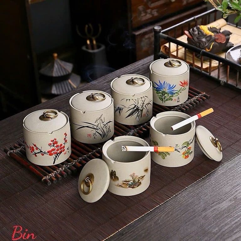 Gạt Tàn Thuốc Lá Bằng Gốm Tử Sa Hoạ tiết Hoa Lá Cổ Điển