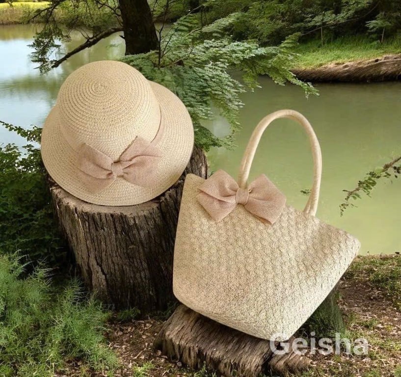 HNG29 -  Set Túi Mũ Cói Geisha đính nơ -Phong Cách Vintage Nhẹ Nhàng
