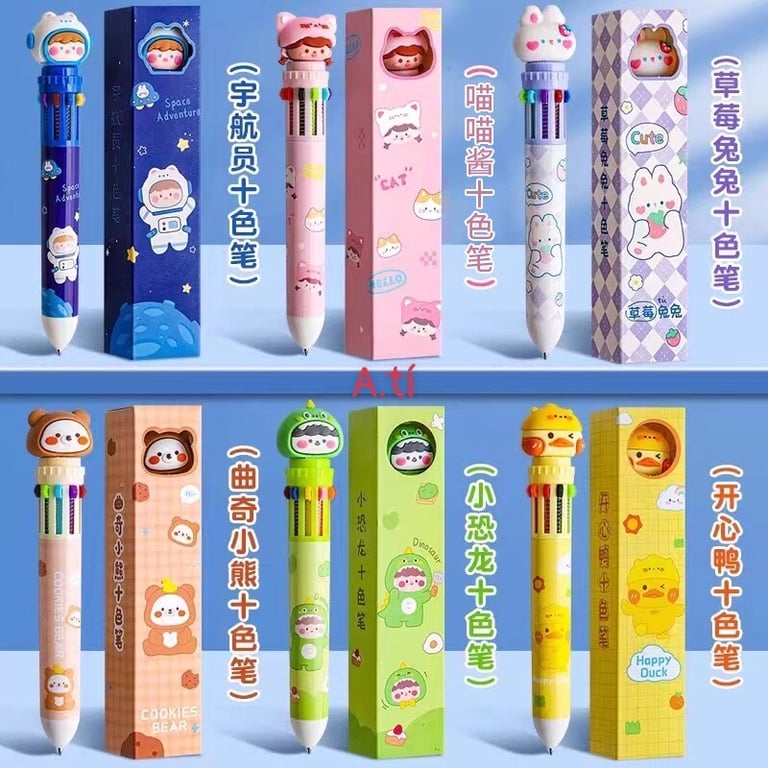 Set 10 Bút bi 10 ngòi 10 màu Gấu Nâu