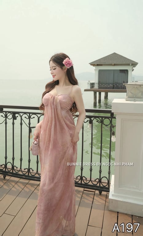 A197- váy hoa maxi hồng