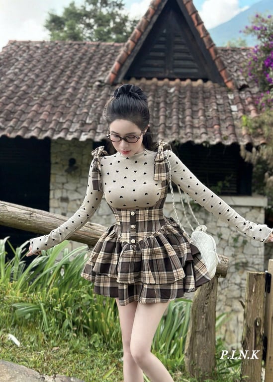 Set áo tim yếm kẻ