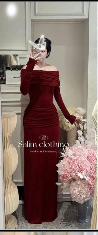 Váy dài đỏ trễ vay dài tay - DT180