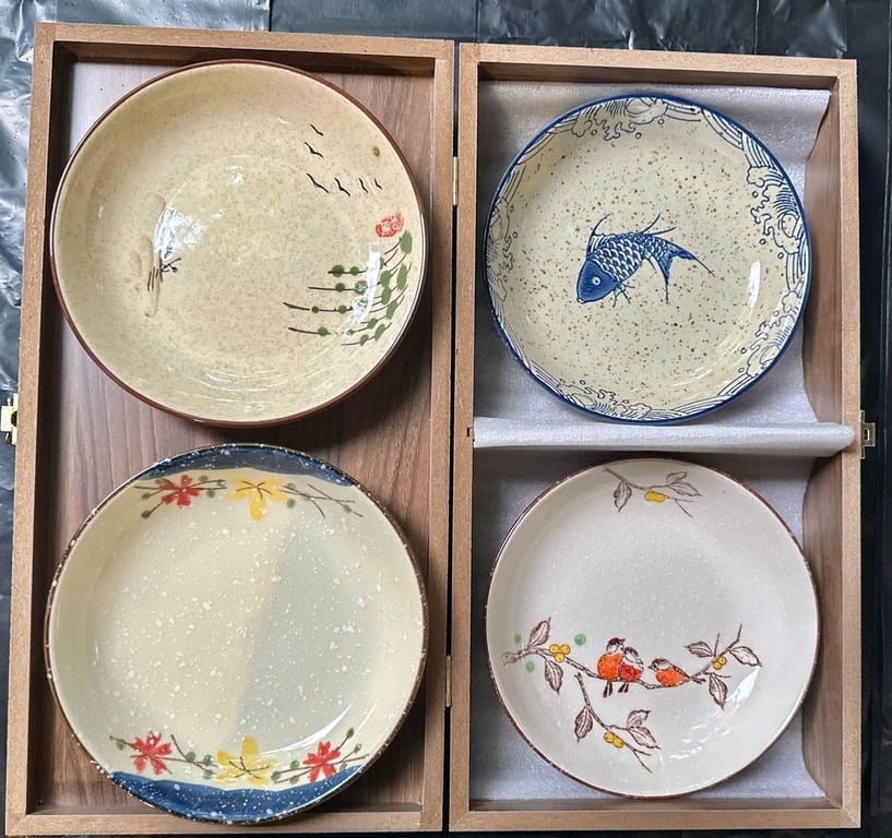 🌸 Bộ Tô – Đĩa Gốm Sứ Nhật Bản Aijuku Cao Cấp Men Chìm