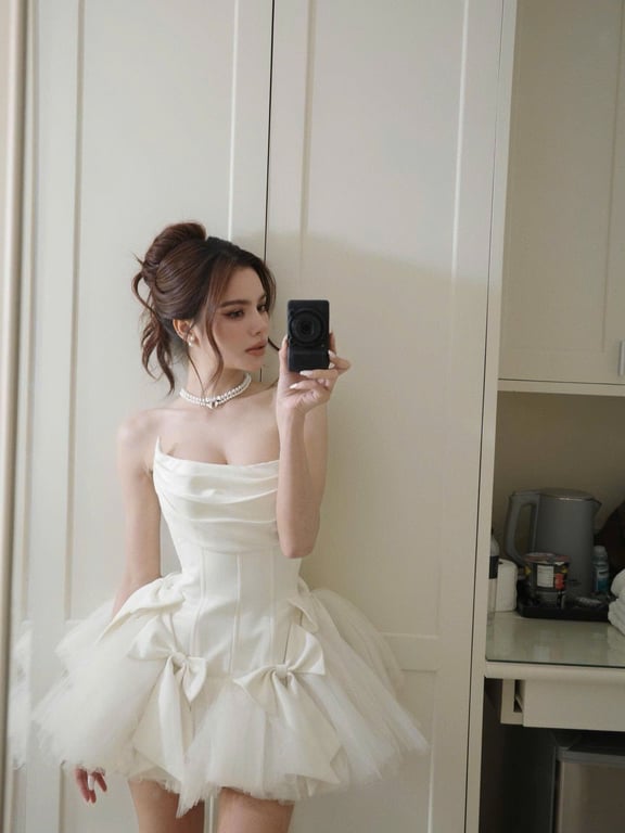 Váy cúp corset trắng nơ siêu bồng - sz S