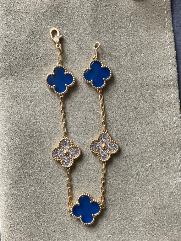 Vòng tay Van Cleef 5 họa tiết 15mm mã não xanh
