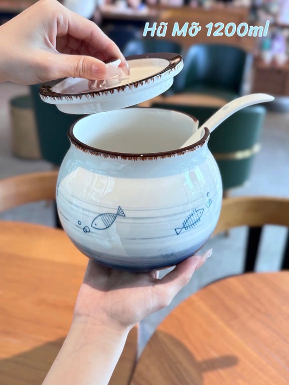 Hũ sứ đựng mỡ - đựng gia vị 1200ml