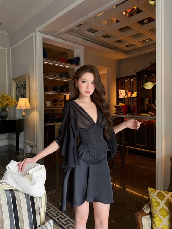 Set áo voan chiffon + chân váy lệch tà brand OBIBI