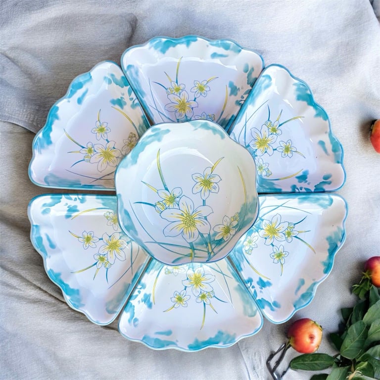 Bộ bát đĩa hoa mặt trời hoa văn xanh thanh thiên