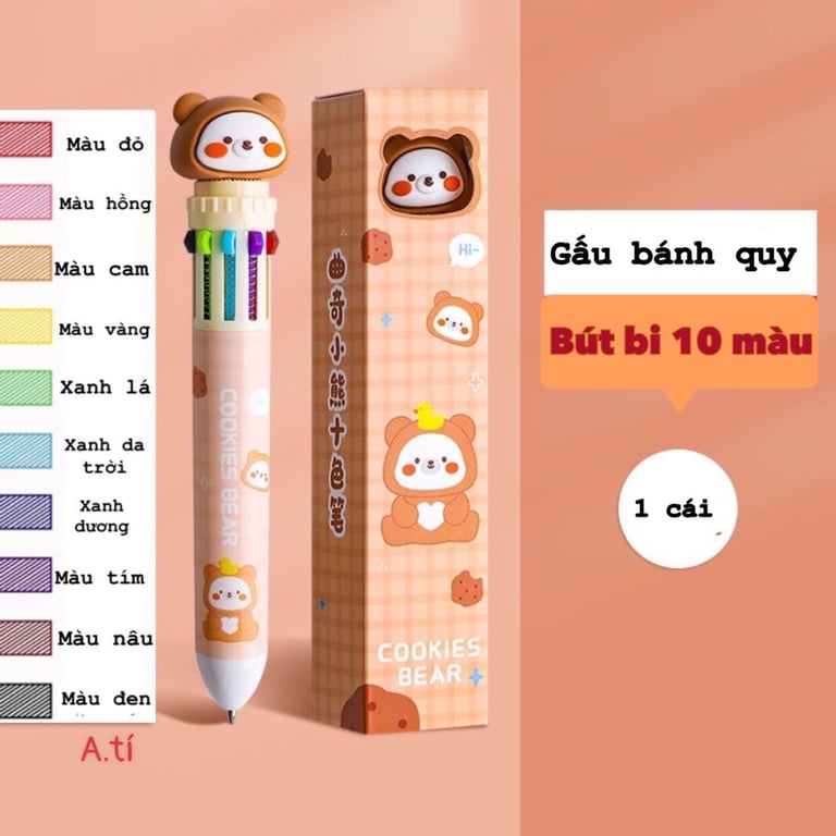 Set 10 Bút bi 10 ngòi 10 màu Gấu Nâu