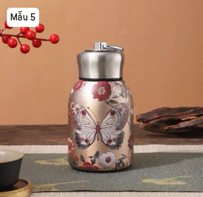 BÌNH GIỮ NHIỆT INOX 316 MINI 300ML CÓ QUAI XÁCH HỌA TIẾT HOA VINTAGE