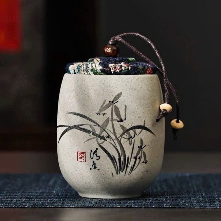 Hũ đựng trà gốm thô họa tiết hoa Mai_Lan_Cúc_Trúc