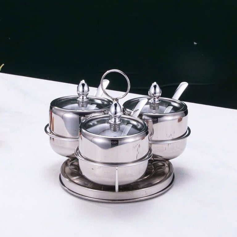 SET HŨ GIA VỊ INOX NẮP KÍNH KÈM KỆ