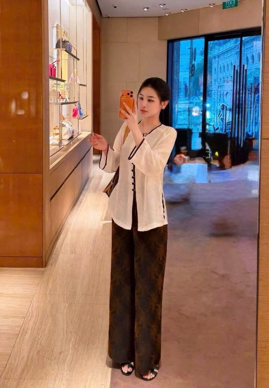 Set pháp phục tơ nhũ viền nâu - sz M
