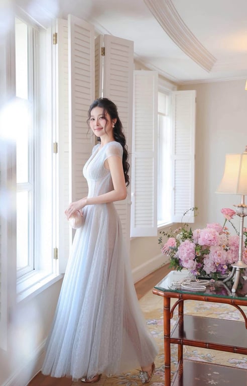 Đầm ren dáng dài cổ V tay nhí (màu xanh) - DT298