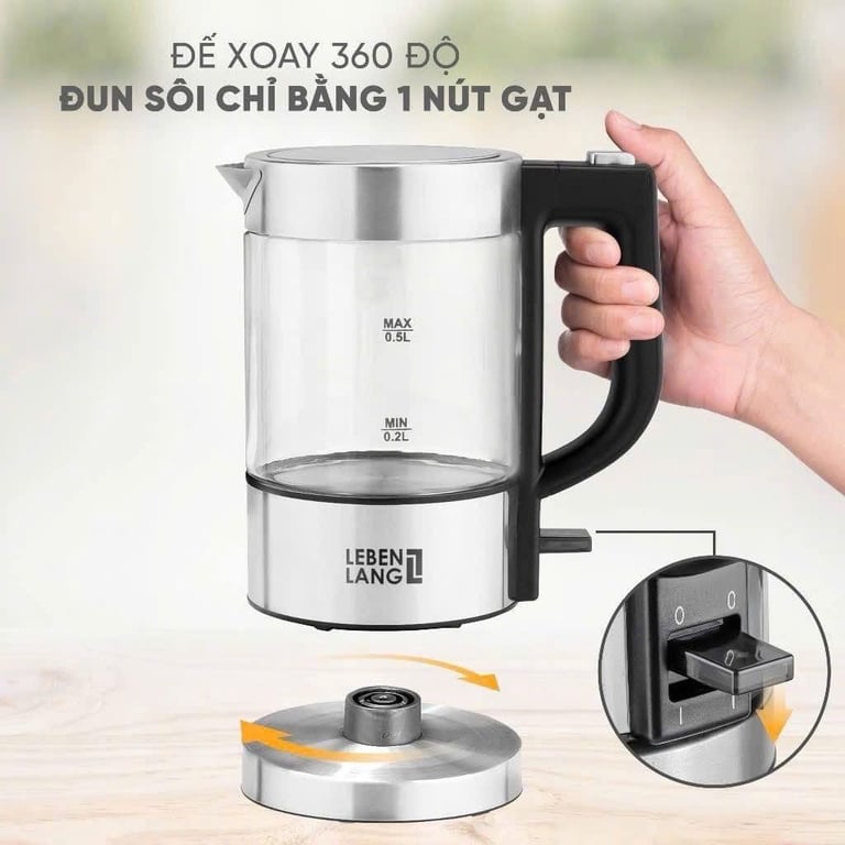 ẤM SIÊU TỐC THUỶ TINH CAO CẤP LEBENLANG 500Ml LBL2809