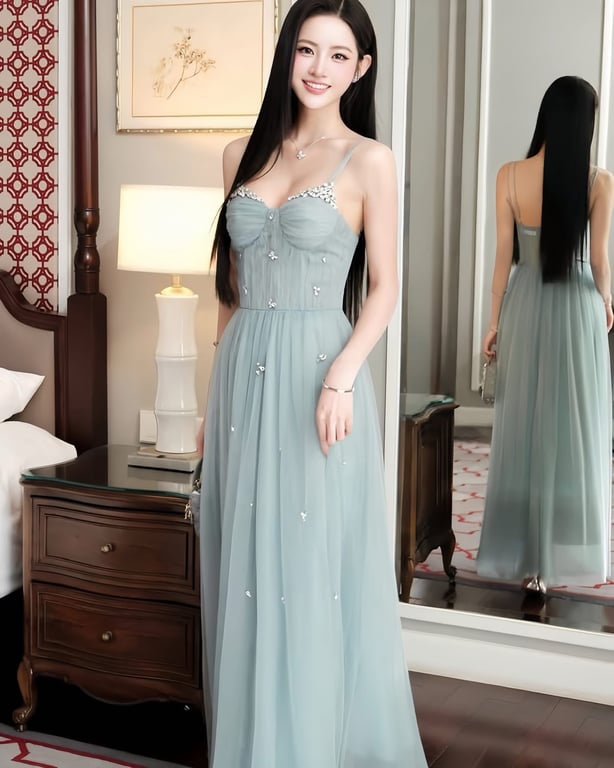 Đầm 2 dây kèm khăn voan xanh dương - DT288