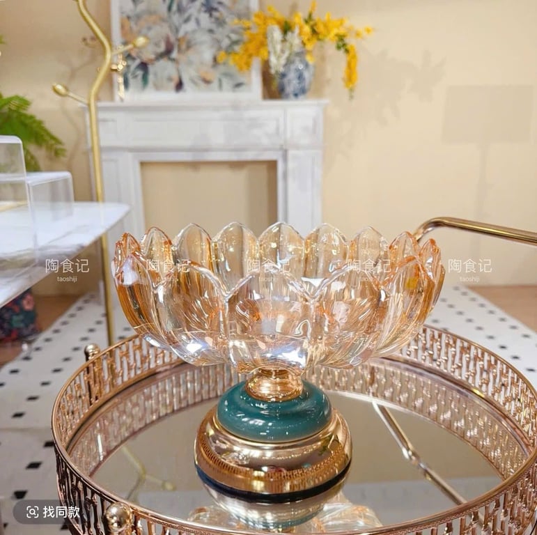 Đĩa Mứt chân đồng đựng hoa quả, Khay đựng bánh kẹo Thủy Tinh