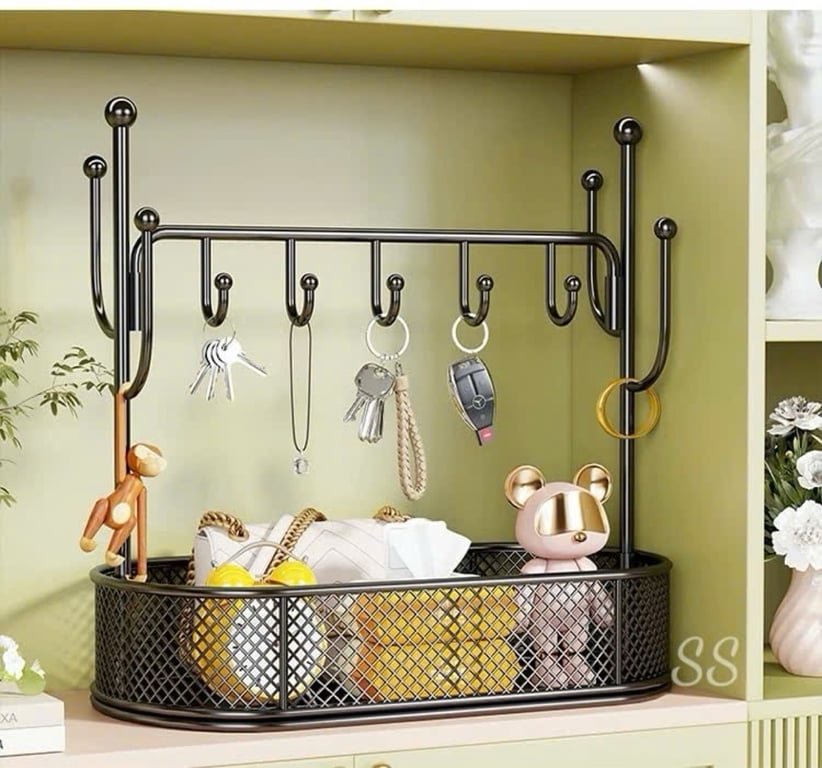 Kệ Inox 2 Tầng Có Thanh Cheo Kèm 5 Móc Tiện Lợi