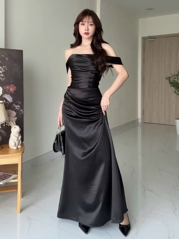 Đầm lụa thiết kế xếp ly phần tay trễ vai Brand Wonderhouse