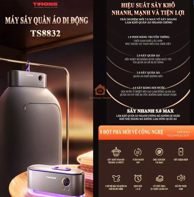 Máy sấy quần áo gấp gọn TIROSS TS8832 - Công suất 600W