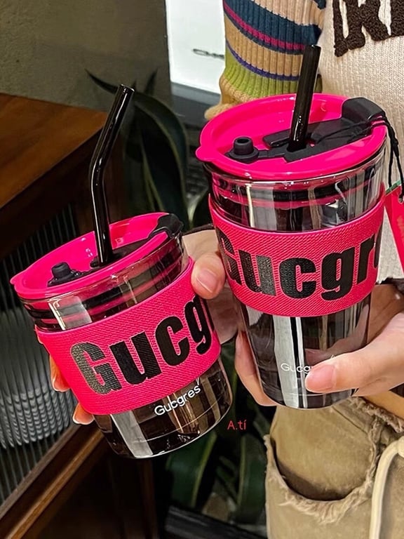 Cốc thủy tinh kèm bọc vải cao cấp có nắp và ống hút thủy tinh