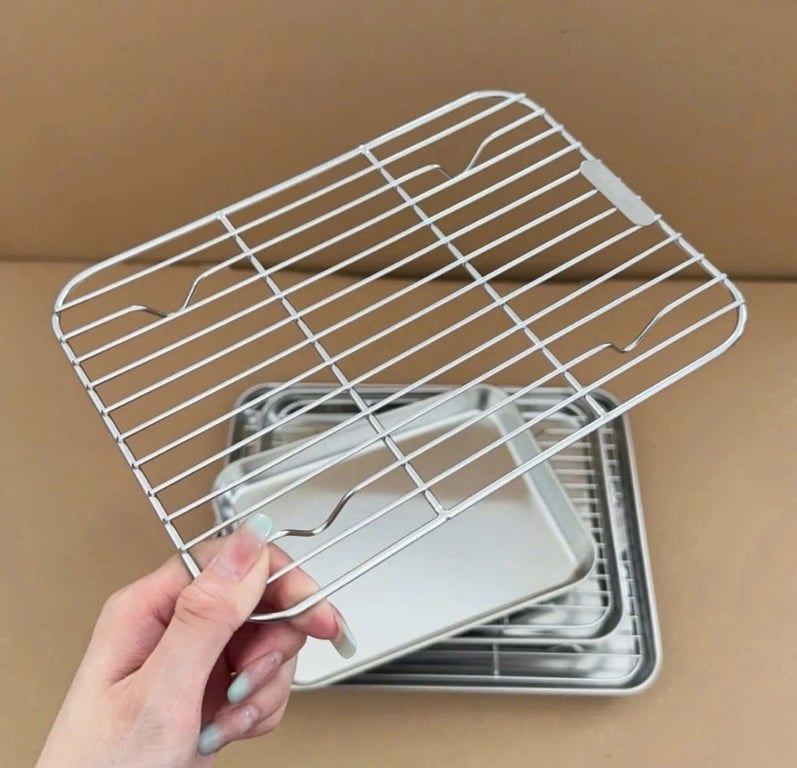 Khay inox chữ nhật kèm vỉ lưới 1 set 1 khay 1 vỉ