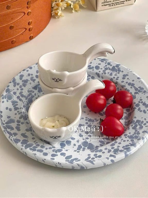 Đĩa đựng nước chấm, đĩa sứ đựng xốt, đĩa chấm mèo meo meo sâu lòng