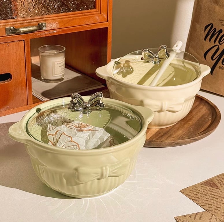 NỒI SỨ KÈM THÌA NẮP HÌNH NƠ SIÊU XINH