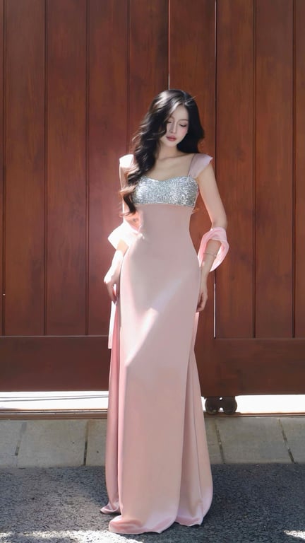 Đầm lụa hồng hot 2 dây