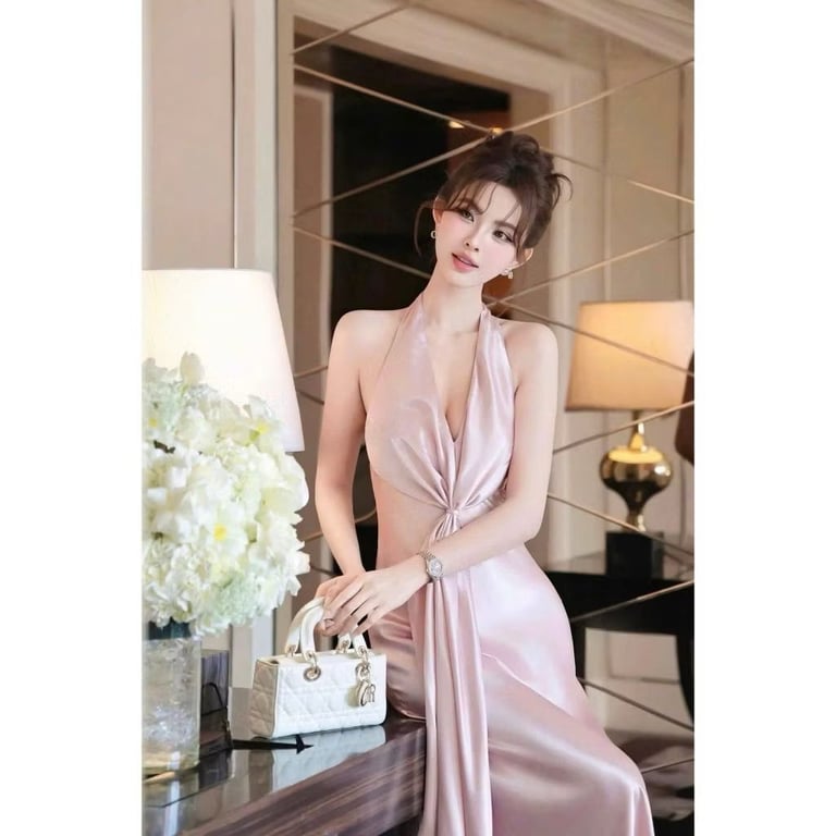 Váy lụa cổ yếm hồng