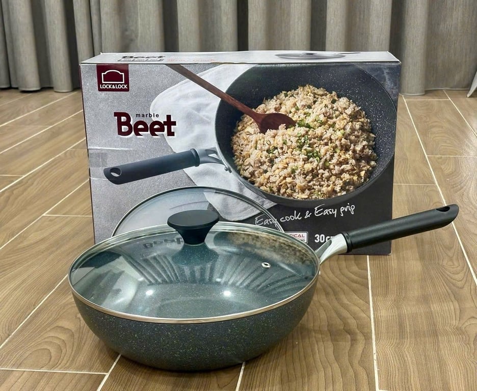 CHẢO CHỐNG DÍNH SIZE LỚN KÈM NẮP BEET MARBLE WOK LOCKNLOCK LED4306M - 30CM🧒🏼