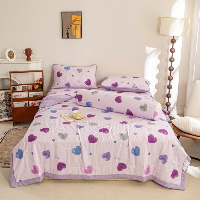 Set Chăn ga gối trần bông micro mềm mại, êm ái, hoạ tiết trái tim
