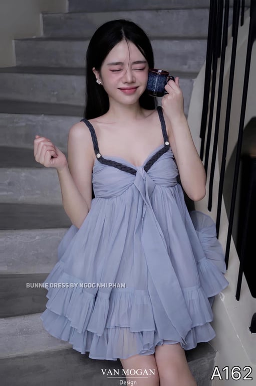 A162- váy babydoll xanh xám VANMOGAN