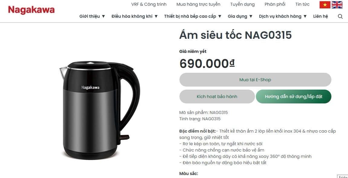ẤM SIÊU TỐC NAKAGAWA NAG0315 1.8L
