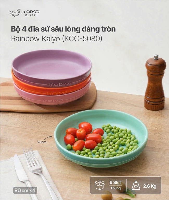 Set 4 đĩa gốm sứ cầu vồng sâu lòng dáng tròn size 20cm (mã KCC-5080)