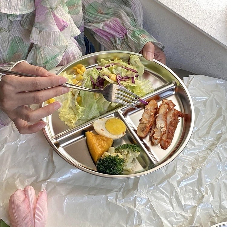 Đĩa 3 Ngăn Inox 304 Sâu Lòng , Kèm 1 thìa và 1 dĩa