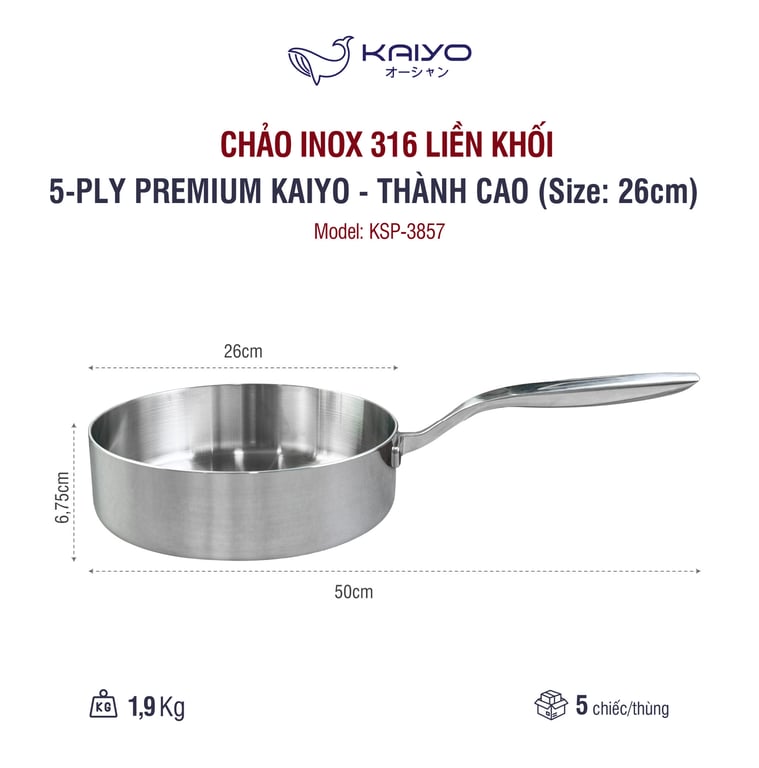 Chảo inox 316 liền khối 5-ply Premium Kaiyo - thành cao