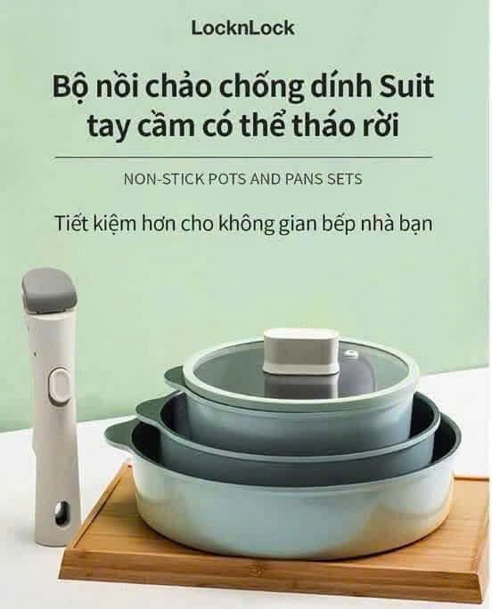 Bộ nồi chảo chống dính Suit Lock&Lock Detachable 18cm - 22cm - 26cm một tay cầm có thể tháo rời SDE1181IHS01