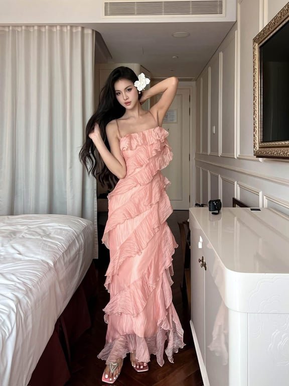Maxi dài 2 dây hồng tầng - DT239