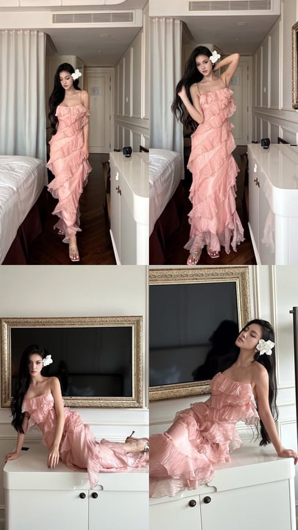 Maxi dài 2 dây hồng tầng - DT239