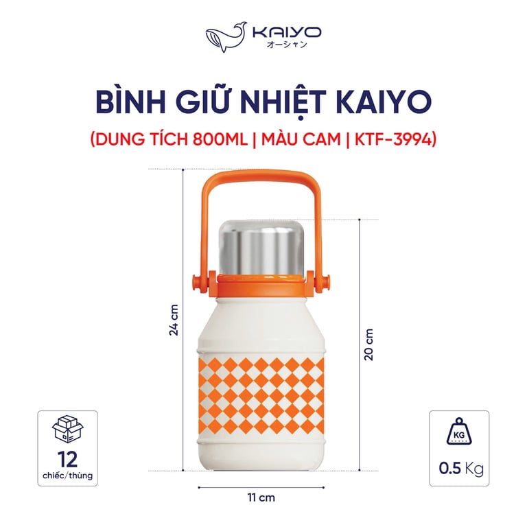 Bình giữ nhiệt caro có quai xách 800ml Kaiyo
