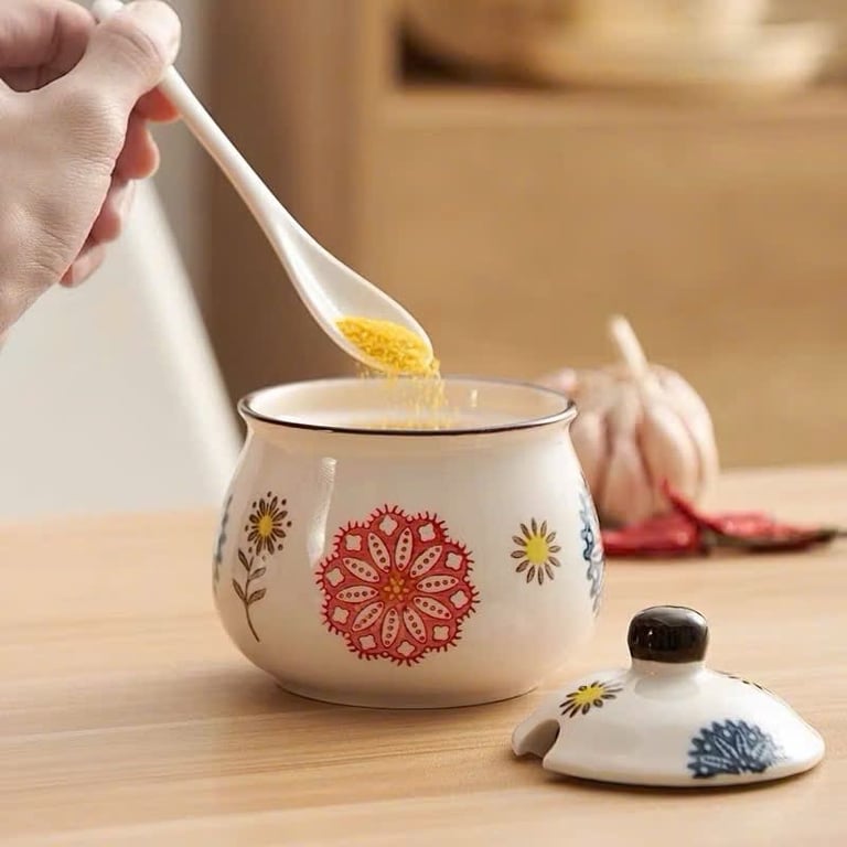 BỘ 3 HŨ ĐỰNG GIA VỊ GỐM SỨ CAO CẤP – KÈM KHAY & THÌA TIỆN LỢI