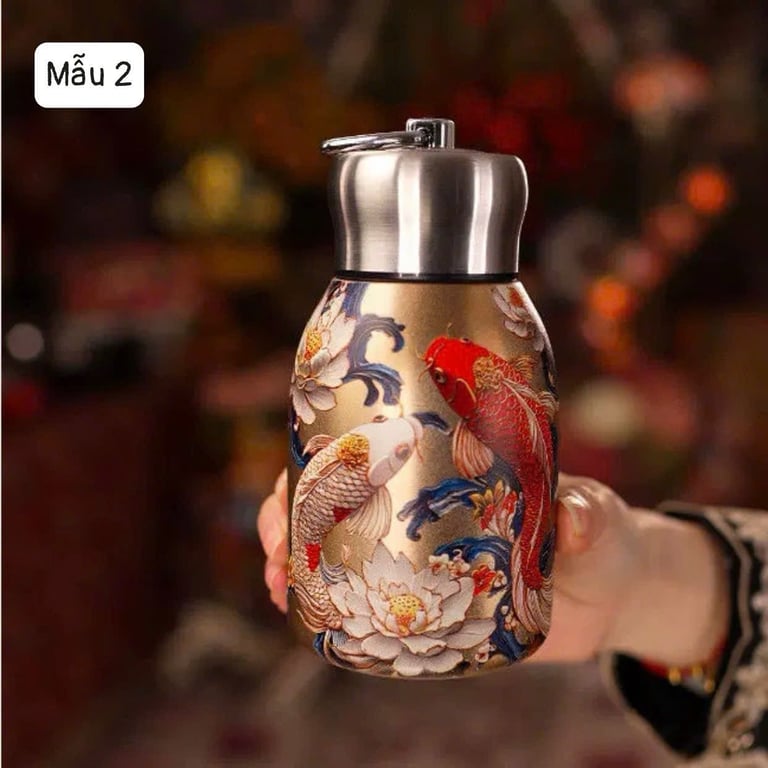 BÌNH GIỮ NHIỆT INOX 316 MINI 300ML CÓ QUAI XÁCH HỌA TIẾT HOA VINTAGE