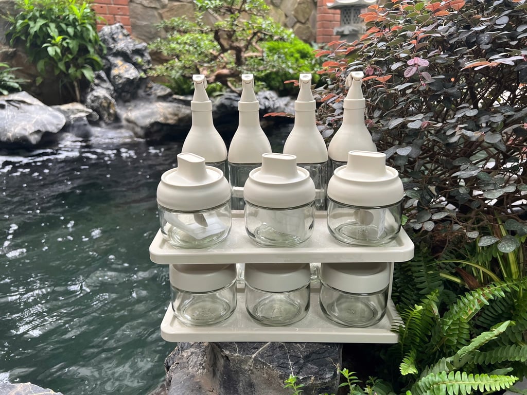 Bộ Hũ Đựng Gia Vị, Chai Đựng Dầu Ăn Kèm Kệ Cao Cấp