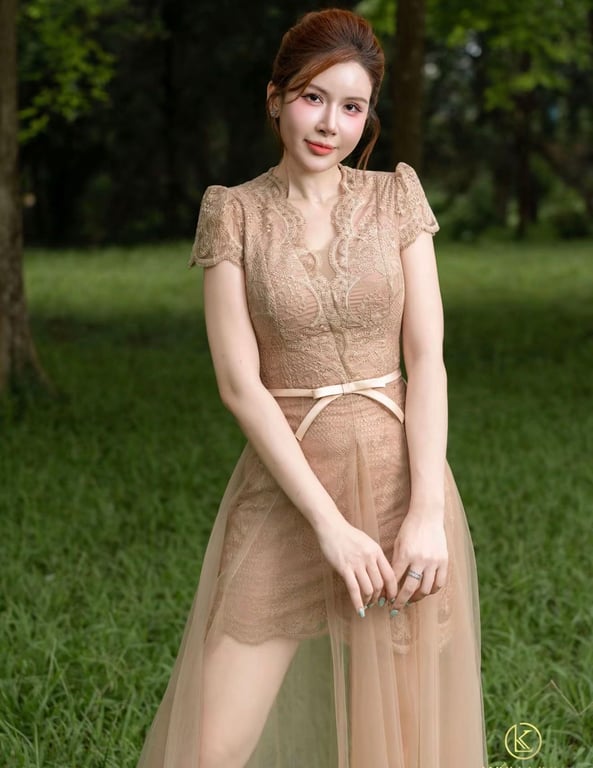 Váy thiết kế nâu ren thêu hoa - DT291