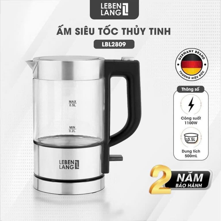 ẤM SIÊU TỐC THUỶ TINH CAO CẤP LEBENLANG 500Ml LBL2809