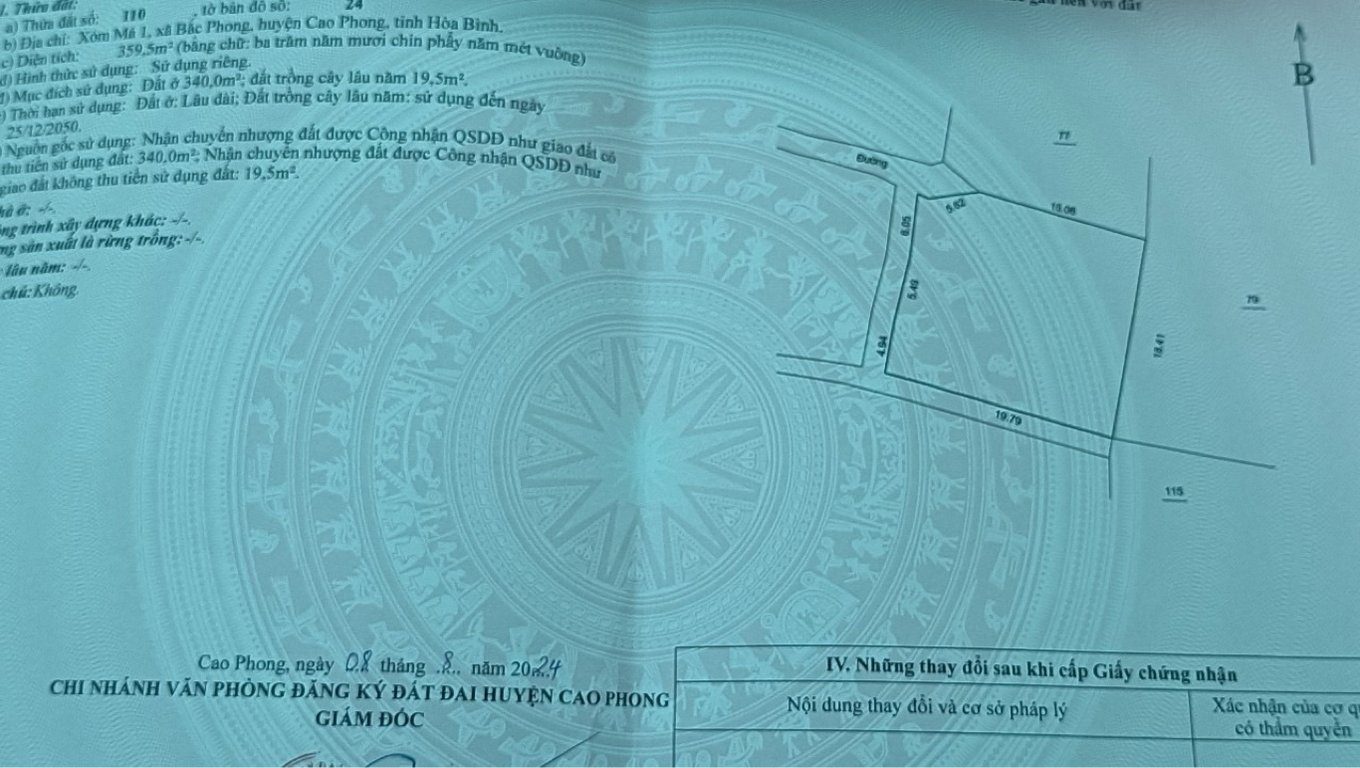 Lô góc 2 mặt đường tại Bắc Phong, Cao Phong 360m2 trong đó có 340m2 thổ cư