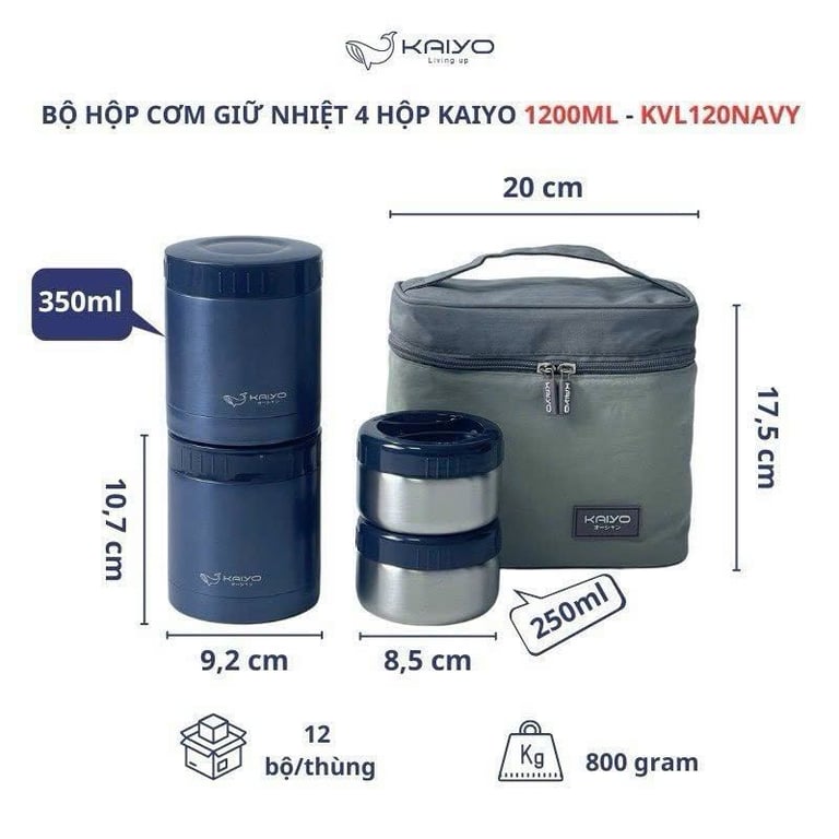 Bộ hộp cơm giữ nhiệt 5 món Kaiyo (4 hộp + 1 túi)