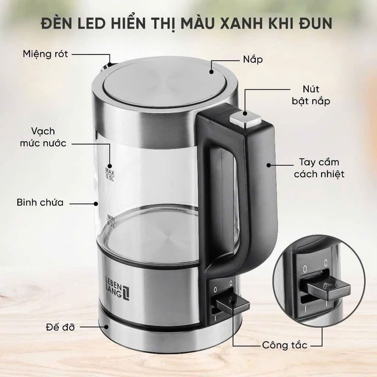 ẤM SIÊU TỐC THUỶ TINH CAO CẤP LEBENLANG 500Ml LBL2809